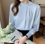 Elegant Pearl Button Chiffon Blouse – Light Blue Long Sleeve Office Top - Image 22