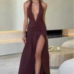Elegant Deep Plunge Halter Maxi Dress with Ruched Waist & Thigh-High Slit - Image 9