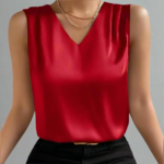 Red Sleeveless V-Neck Blouse for Women – Elegant Satin-Feel Tank Top | Chic Everyday & Workwear Essential
