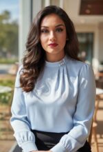 Elegant Pearl Button Chiffon Blouse – Light Blue Long Sleeve Office Top