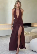 Elegant Deep Plunge Halter Maxi Dress with Ruched Waist & Thigh-High Slit - Image 8