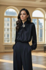 Black Satin High-Neck Blouse with Crystal Accent|Elegant Jewel Neck Long Sleeve Satin Blouse - Image 10