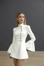 Elegant White High-Neck Mini Dress for Women | Gold Button Long Sleeve Structured Dress