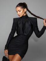 Elegant Black High-Neck Ruched Mini Dress with Structured Shoulders