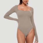 Luxury Long Sleeve Square Neck Bodysuit for Women – Slim Fit Stretch Bodycon Top | Subailili - Image 4