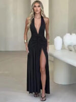 Elegant Deep Plunge Halter Maxi Dress with Ruched Waist & Thigh-High Slit - Image 4