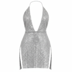 Silver Sequin Deep V Halter Mini Dress with Side Slit – High Glam Party Look - Image 9
