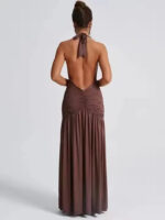 Elegant Deep Plunge Halter Maxi Dress with Ruched Waist & Thigh-High Slit - Image 3