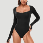 Luxury Long Sleeve Square Neck Bodysuit for Women – Slim Fit Stretch Bodycon Top | Subailili - Image 3
