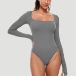 Luxury Long Sleeve Square Neck Bodysuit for Women – Slim Fit Stretch Bodycon Top | Subailili - Image 5
