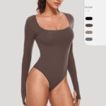 Luxury Long Sleeve Square Neck Bodysuit for Women – Slim Fit Stretch Bodycon Top | Subailili
