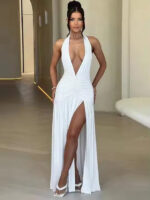 Elegant Deep Plunge Halter Maxi Dress with Ruched Waist & Thigh-High Slit - Image 5