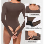 Luxury Long Sleeve Square Neck Bodysuit for Women – Slim Fit Stretch Bodycon Top | Subailili - Image 2