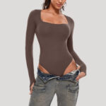 Luxury Long Sleeve Square Neck Bodysuit for Women – Slim Fit Stretch Bodycon Top | Subailili - Image 6