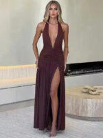 Elegant Deep Plunge Halter Maxi Dress with Ruched Waist & Thigh-High Slit