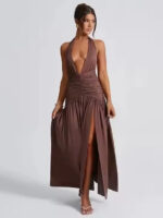 Elegant Deep Plunge Halter Maxi Dress with Ruched Waist & Thigh-High Slit - Image 7