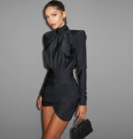 Elegant Black High-Neck Ruched Mini Dress with Structured Shoulders - Image 3