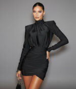 Elegant Black High-Neck Ruched Mini Dress with Structured Shoulders - Image 2