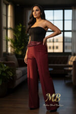 Burgundy High Waist Wide Leg Pants with Sequin Waistband | Elegant Dressy Women’s Trousers - Image 5