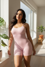 Seamless Ribbed One-Piece Active Romper – Soft Blush Pink Bodycon Workout Jumpsuit