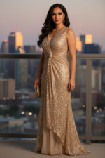 Gold Sequin Sleeveless Maxi Dress for Women | V-Neck Ruched Evening Gown with Slit - Image 17