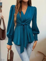 Teal Long Sleeve Wrap Blouse for Women – V-Neck Tie-Front Elegant Top | Chic Everyday & Workwear Blouse