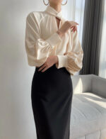 Elegant Twist-Neck Satin Blouse for Women – Long Sleeve Formal Top - Image 10