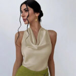 Elegant Satin Halter Blouse for Women – Sleeveless Bow Neck Office Lady Top