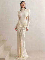Elegant Ivory Long Sleeve Maxi Dress – High Neck Cut-Out Bodycon Evening Gown for Women