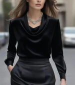 Luxury Draped Satin Blouse for Women – Elegant Long Sleeve Cowl Neck Top - Image 7