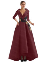 Elegant Champagne High-Low Evening Dress – V-Neck Structured Gown with Embroidered Appliqué - Image 16