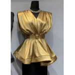 Luxury White Satin Wrap Mini Dress with Gold Belt – Elegant V-Neck Layered Skirt Evening Party Dress - Image 2