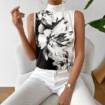 Black & White Floral Sleeveless High-Neck Blouse – Elegant Monochrome Women’s Top | Boutique Fashion