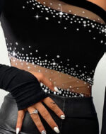Black One-Shoulder Rhinestone Mesh Crop Top for Women – Long Sleeve Sheer Cutout Party Top | Night Out Statement Top - Image 3