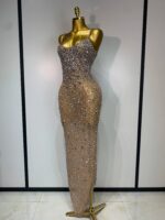 Luxury Champagne Crystal Embellished Maxi Gown – Spaghetti Strap Elegant Evening Dress - Image 4