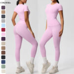 Luxury Seamless Pink Two-Piece Activewear Set – Short Sleeve Top & High-Waist Leggings Gym Outfit - Image 2