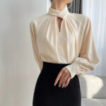 Elegant Twist-Neck Satin Blouse for Women – Long Sleeve Formal Top - Image 14