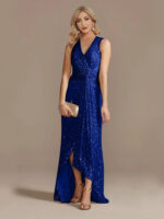Gold Sequin Sleeveless Maxi Dress for Women | V-Neck Ruched Evening Gown with Slit - Image 11