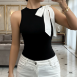 Elegant Black Sleeveless Top with White Bow – Chic High-Neck Women’s Blouse | Modern Boutique Style - Image 4