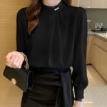 Elegant Pearl Button Chiffon Blouse – Light Blue Long Sleeve Office Top - Image 8