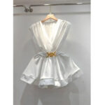 Luxury White Satin Wrap Mini Dress with Gold Belt – Elegant V-Neck Layered Skirt Evening Party Dress