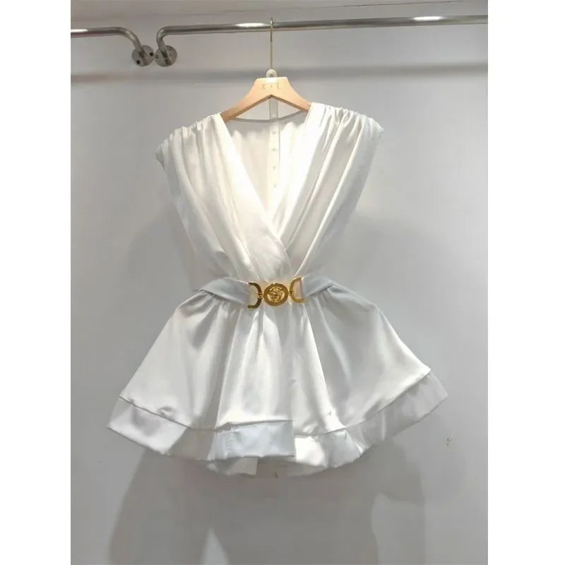 S18afce422c304a12a3fe2e726e52bee7B Luxury White Satin Wrap Mini Dress with Gold Belt – Elegant V-Neck Layered Skirt Evening Party Dress - Image 1