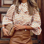 Elegant Bow-Tie Neck Blouse with Balloon Sleeves – Chic Printed Long-Sleeve Top - Image 5