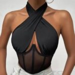 Elegant Halter Neck Mesh Corset Top for Women | Sheer Panel Wrap Neck Crop Top | Clubwear & Night Out Fashion - Image 15
