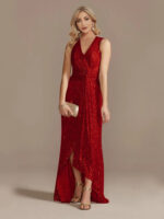 Gold Sequin Sleeveless Maxi Dress for Women | V-Neck Ruched Evening Gown with Slit - Image 12