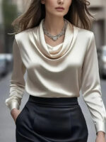 Luxury Draped Satin Blouse for Women – Elegant Long Sleeve Cowl Neck Top - Image 8
