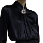 Black Satin High-Neck Blouse with Crystal Accent|Elegant Jewel Neck Long Sleeve Satin Blouse - Image 4