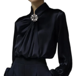 Black Satin High-Neck Blouse with Crystal Accent|Elegant Jewel Neck Long Sleeve Satin Blouse - Image 3