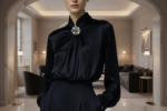 Black Satin High-Neck Blouse with Crystal Accent|Elegant Jewel Neck Long Sleeve Satin Blouse - Image 2