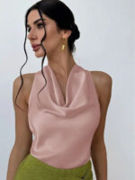 Elegant Satin Halter Blouse for Women – Sleeveless Bow Neck Office Lady Top - Image 11